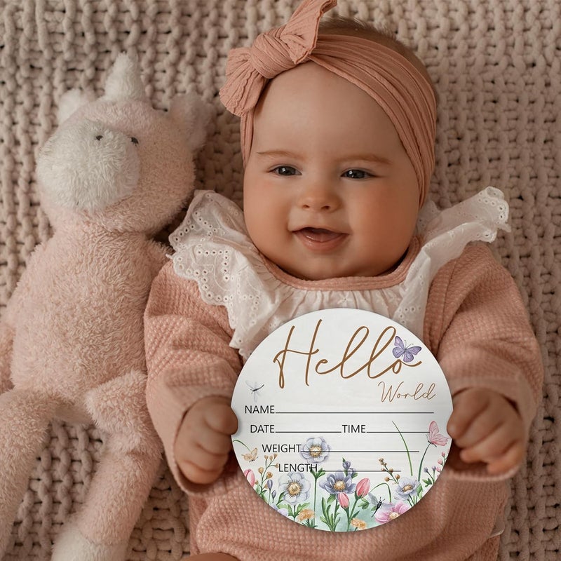 CLHHM Hello World Butterfly Theme Baby Name Sign Birth Announcement Plaque with Name Date Weight 6" Round Birch Wood Nursery Decor Newborn Hospital Keepsake Gift for Parents - Image 5